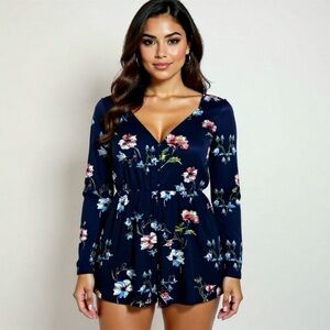 Elodie Romper Shorts Size M One Piece Pockets Blue Floral Lightweight Summer